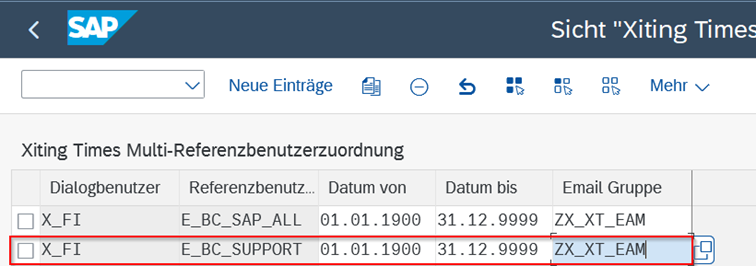 SAP‑Screenshot der Xiting Times Multi‑Referenzbenutzerzuordnung zur Administration berechtigter User: Anzeige von Dialogbenutzern, zugewiesenen Referenzbenutzern, Gültigkeitszeiträumen und E‑Mail‑Gruppen.